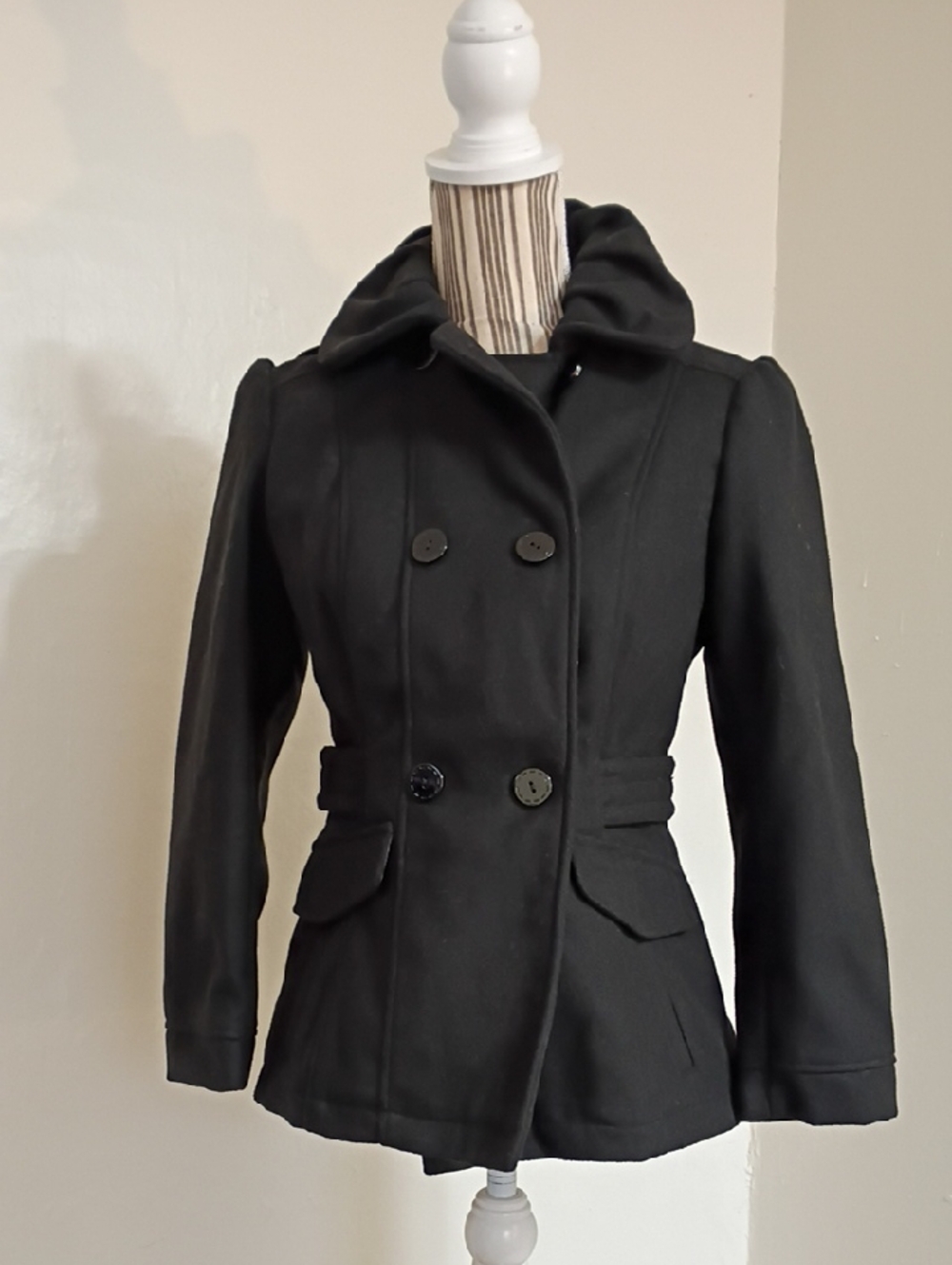 Celebrity Pink Black Double Breasted Wool Blend Fitted Hooded Jacket Size S